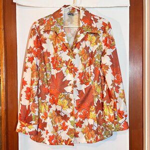 Vintage Retro Fall Leaves Big Collar Groovy Button Shirt M/L